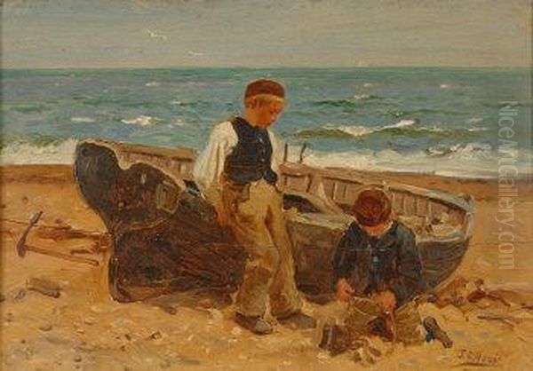 Two Children Beside A Beached Rowing Boat Oil Painting by James Clark Hook