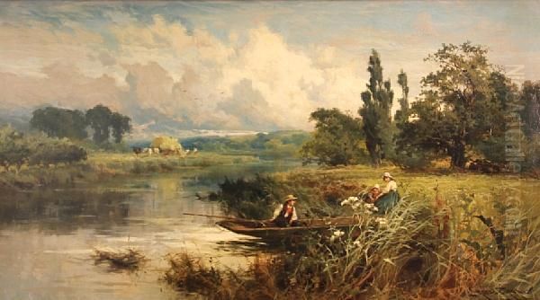 A River Landscape With Figures In A Boat Oil Painting by John Horace Hooper