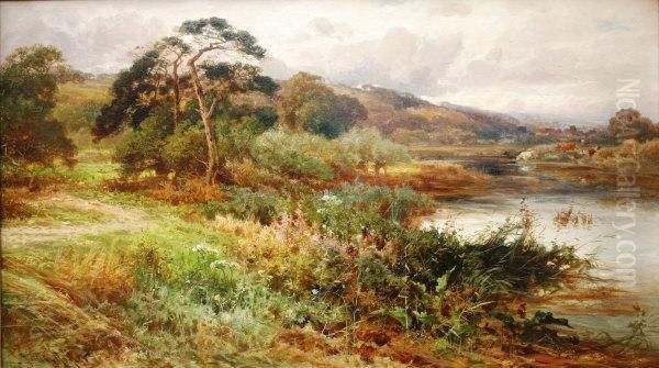 River Landscape With Cattle Watering On Far Bank Oil Painting by John Horace Hooper