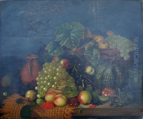 Still Life Of Fruits, A Wicker Basket And A Jug On A Ledge Oil Painting by Willoughby Wallace Hooper