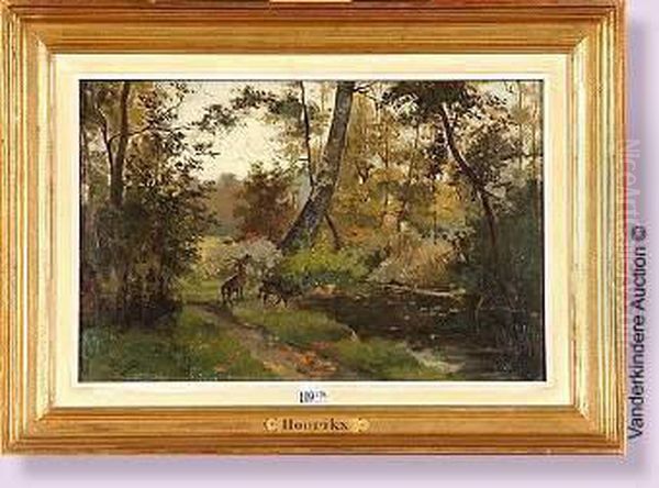 Cerf Et Biche Au Bord Du Ruisseau En Foret Oil Painting by Ernest Hoorickx