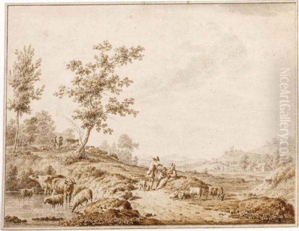 An Italianate Landscape With Herdsmen And Their Cattle Oil Painting by Jordanus Hoorn