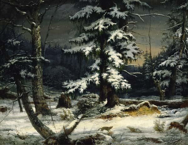 Woodland In Snow Oil Painting by James Hope