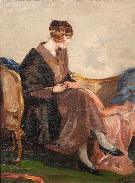 Portrait Of A Young Woman Sewing Oil Painting by Robert Hope