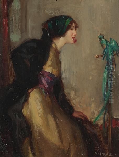 Lady With An Exotic Bird Oil Painting by Robert Hope