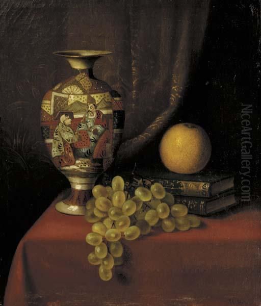 Still Life With Vase, Grapes And Books Oil Painting by Thomas H. Hope