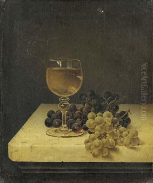 Still Life With Glass Of Wine And Grapes On A Marble Ledge Oil Painting by Thomas H. Hope