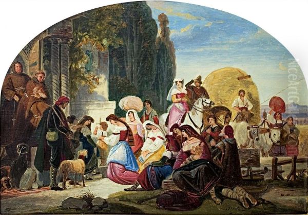 Bauern Aus Der Campagna An Einem Klosterportal Betend Oil Painting by August Ferdinand Hopfgarten