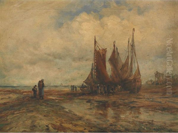 Fisherfolk On A Beach Oil Painting by Robert B. Hopkin