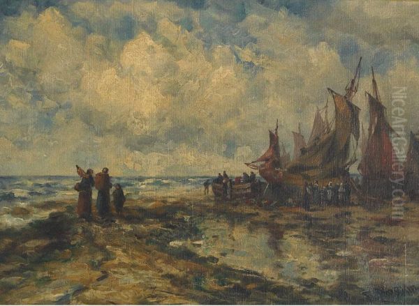 Fisherfolk Meeting The Incoming Boat Oil Painting by Robert B. Hopkin