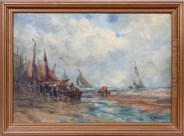 Harbor Scene Oil Painting by Robert B. Hopkin