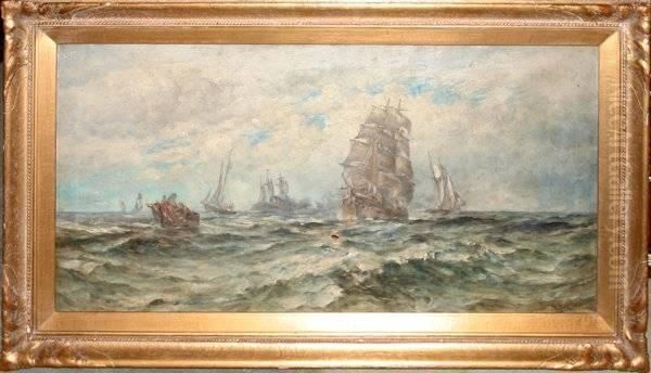 Depicting Three-masted Ships At Sea Oil Painting by Robert B. Hopkin