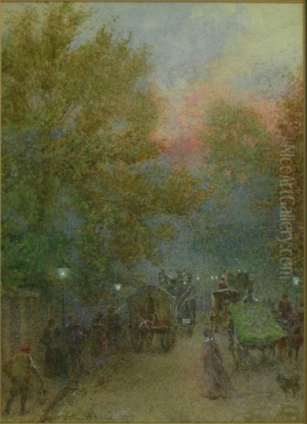 An Autumn Evening On The Marylebone Road Oil Painting by Arthur Hopkins