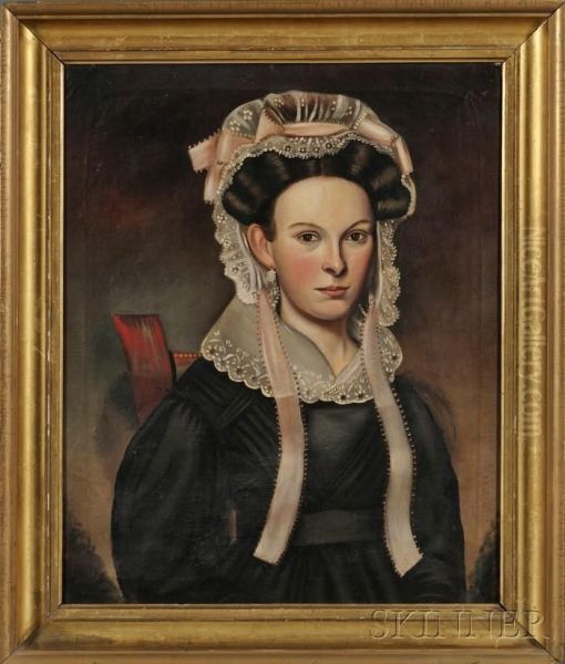 Portrait Of A Young Woman Wearing A Fancy Pink-ribboned Lacebonnet. Oil Painting by Milton William Hopkins