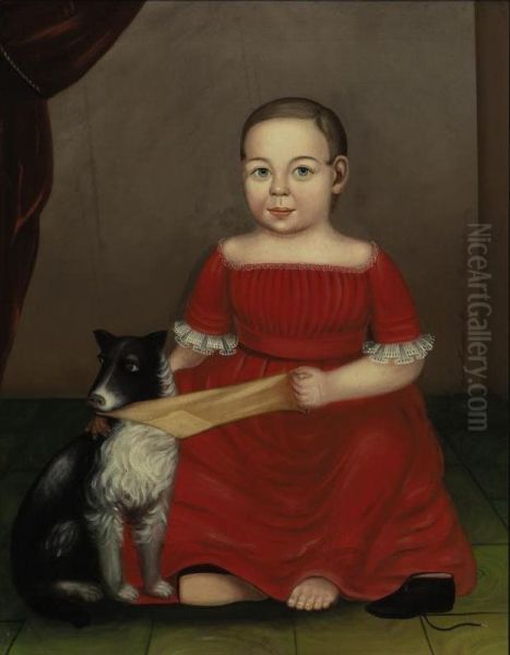 Portrait Of A Child In Red; Dog Pulling A Yellow Stocking Oil Painting by Milton William Hopkins