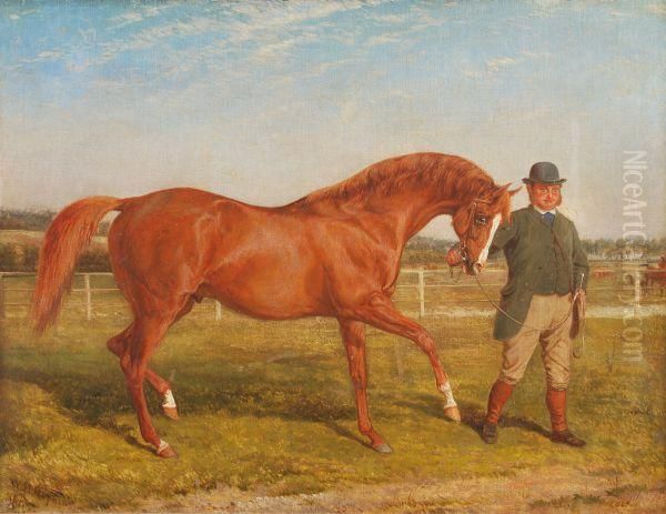 Horse And Trainer In A Paddock Oil Painting by William H. Hopkins