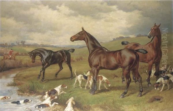 A Hunting Scene, With Horses And Hounds In The Foreground, And A Hunt Beyond Oil Painting by William H. Hopkins