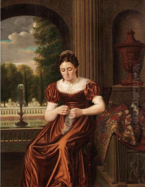 A Lady Sewing Oil Painting by Nicholaas Hopman