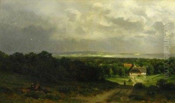 Dutch Coastal Landscape With Farmyards, Upcoming Rain. To The Front On A Fieldpath A Shepherd And His Stock. Signed And Dated Bottom Right: Ferd. Hoppe 86 Oil Painting by Ferdinand Hoppe