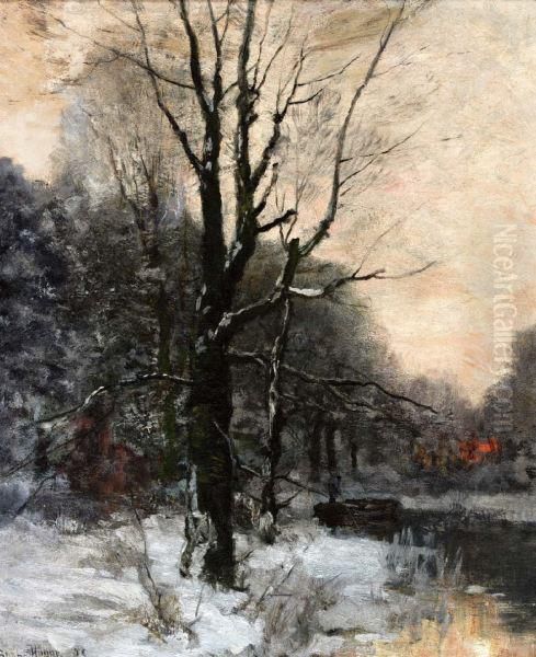 Winters Bos Bij Avondrood Oil Painting by Ferdinand Bernhard Hoppe