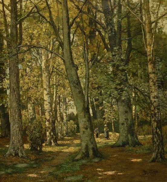 Women On A Forest Road Oil Painting by Ferdinand Bernhard Hoppe