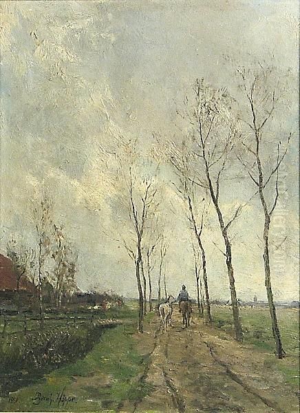 A Figure On Horseback Travelling Along A Tree-lined Path Oil Painting by Ferdinand Bernhard Hoppe