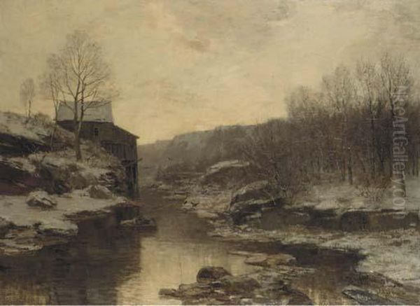 Hollandische Wassermuhle: A Watermill In Winter Oil Painting by Ferdinand Bernhard Hoppe