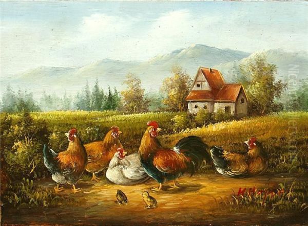 Huhnerhof Oil Painting by H.W. Hoppe