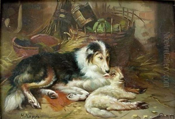 Dog And Goat Oil Painting by H.W. Hoppe