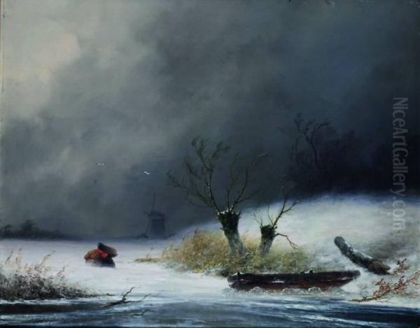 Winterlandschap Met Twee Wilgen Oil Painting by Johannes Franciscus Hoppenbrouwers