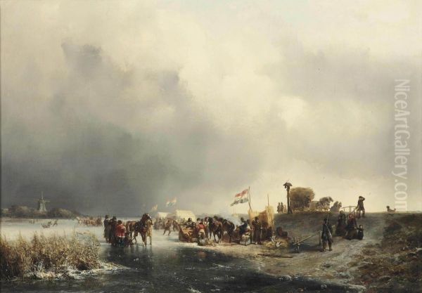 A Festive Day On The Ice Oil Painting by Johannes Franciscus Hoppenbrouwers