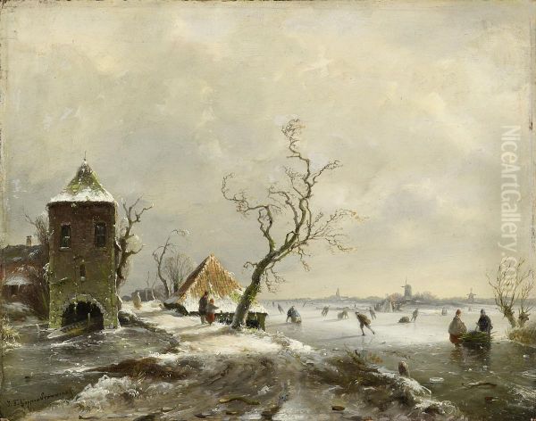 Enjoying The Ice Oil Painting by Johannes Franciscus Hoppenbrouwers