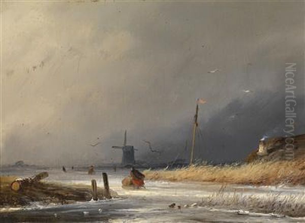 Dutch Winterlandscape Oil Painting by Johannes Franciscus Hoppenbrouwers