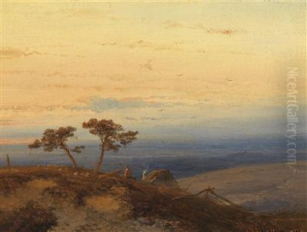 Dusk Over Anopen A Landscape Oil Painting by Johannes Franciscus Hoppenbrouwers