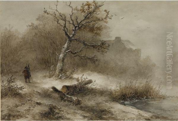 A Woodman In A Snow Covered Forest Oil Painting by Johannes Franciscus Hoppenbrouwers