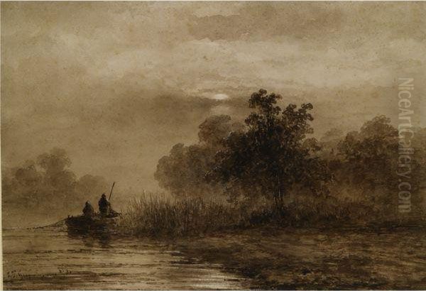 Fishermen In A Rowing Boat By The Reeds Oil Painting by Johannes Franciscus Hoppenbrouwers