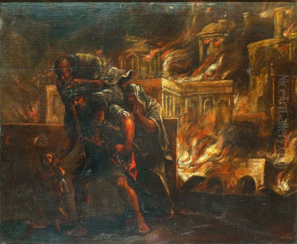 Aeneas Flyr Det Brinnande Troja Med Sin Fader Anchises Pa Ryggen Oil Painting by Pehr Horberg