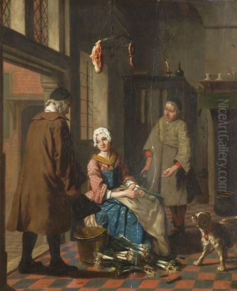 Figures In A Kitchen Interior Oil Painting by Jan Jozef, the Younger Horemans