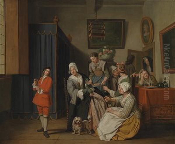 Patrician Interior With Numerous Women Anda Young Man With A Bird Oil Painting by Jan Jozef, the Younger Horemans