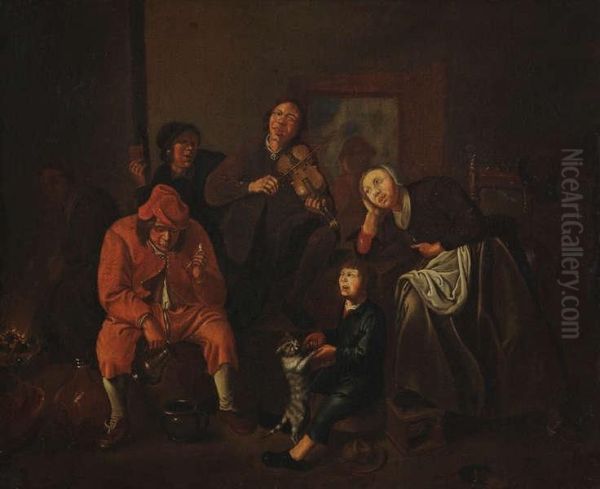 Interieur Met Vioolspeler En Dronken Man Oil Painting by Jan Jozef, the Younger Horemans