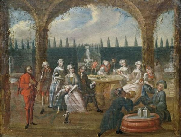 Adelige Gesellschaft Vergnugt Sich Auf Einer Terrasse Vor Parklandschaft Oil Painting by Peter Jacob Horemans