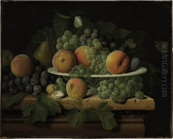 Peaches, Grapes And A Pear In A Ceramic Dish On A Stone Ledge Oil Painting by Peter Jacob Horemans