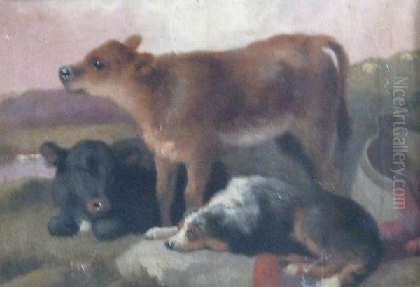 Calves And A Collie Oil Painting by George W. Horlor