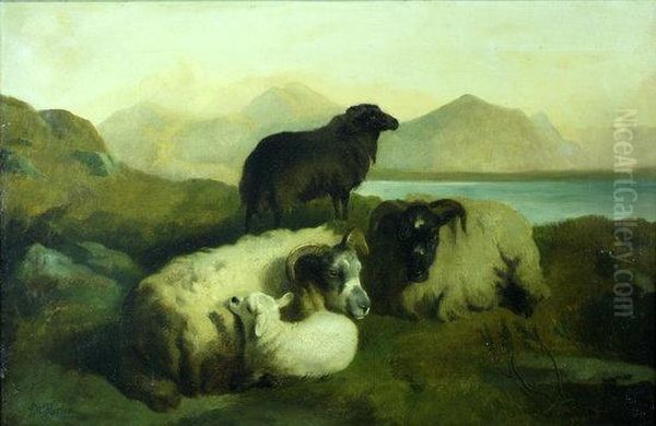 Sheep In A Mountain Landscape Oil Painting by George W. Horlor