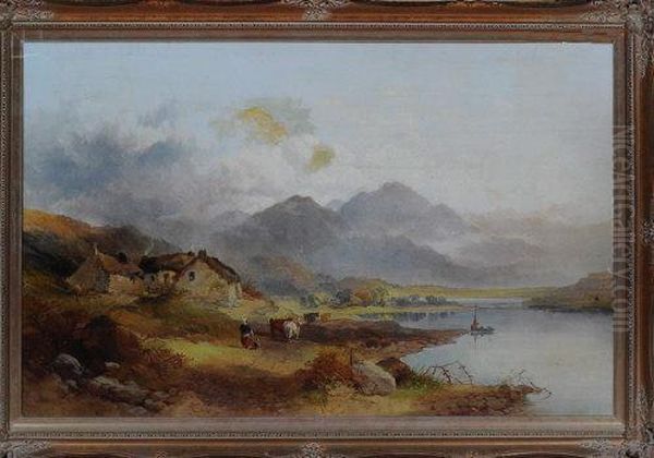 A View In The Highlands With A Female Cowherd And Riverside Cottages Oil Painting by Joseph Horlor