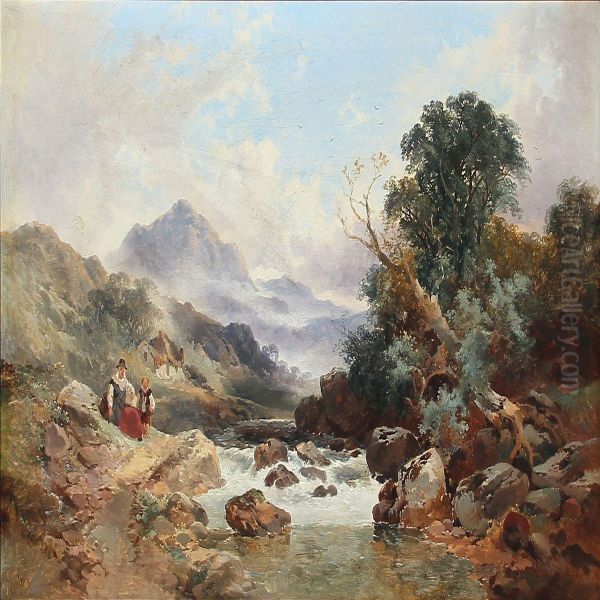 River Scene With Two Shepherds Oil Painting by Joseph Horlor