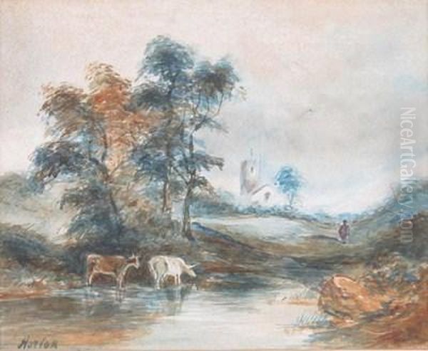 Cattle By A Pool, A Church Beyond Oil Painting by Joseph Horlor