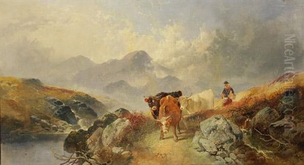 A Drover And Cattle Beside A Highland Loch Oil Painting by Joseph Horlor