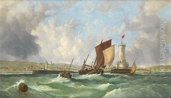 A Lugger Running Out Of Boulogne At High Tide On A Breezy Day, With A Channel Packet Steamer Moored At The Quayside In The Harbour by Josef Horn