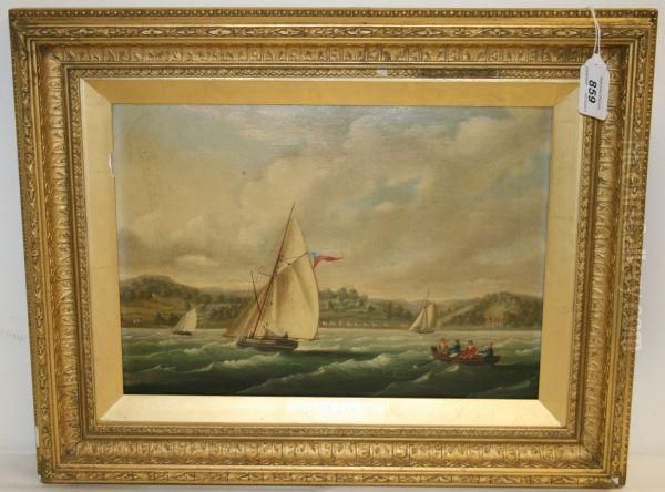 Sailing Boats On River Estuary With Hills Beyond Oil Painting by Thomas L. Hornbrook